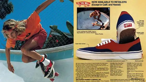 A vintage Vans advertisement showing a skateboarder and Off the Wall shoes