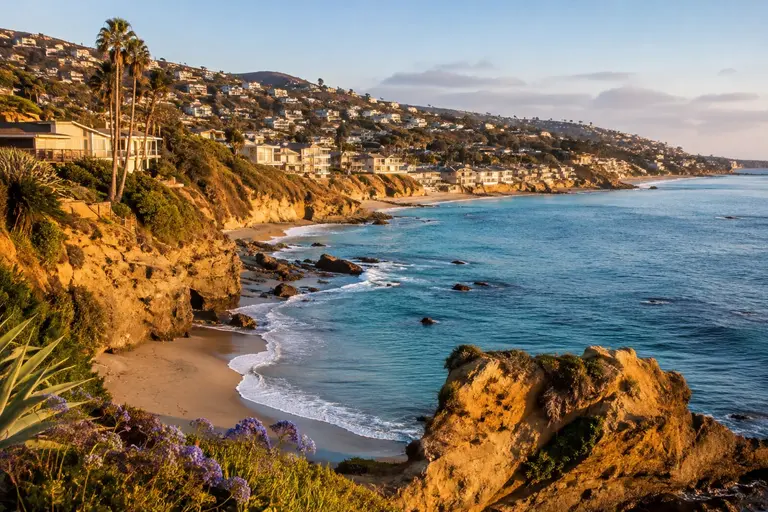 Laguna Beach coastline, coves, and hillside homes at sunset