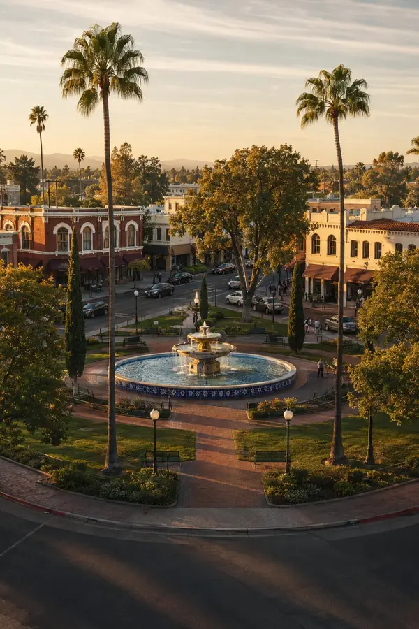 Orange Plaza fountain and historic storefronts in Old Towne Orange